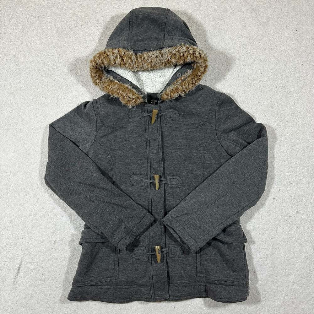 Me Jane Gray Duffle Coat Women's M Sherpa Lined Faux Fur Hood Y2K Jacket